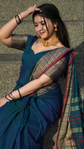 Blue Peacock Narayanpet Handloom Cotton Saree